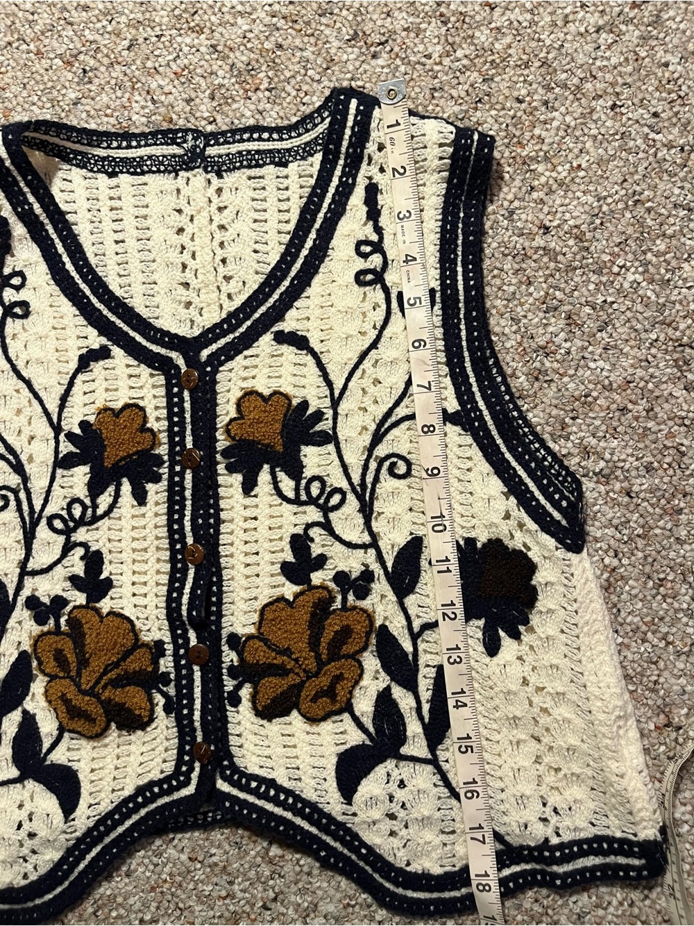 Crocheted Floral Button-Front Vest in Cream, Black & Mustard - Picture 6 of 6